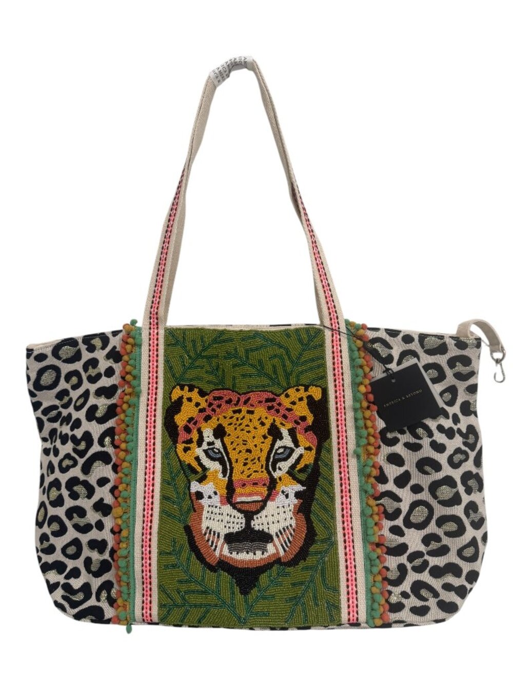 America & Beyond Forestry Leopard Canvas Beaded Tote Bag Pom Pom Trim NWT